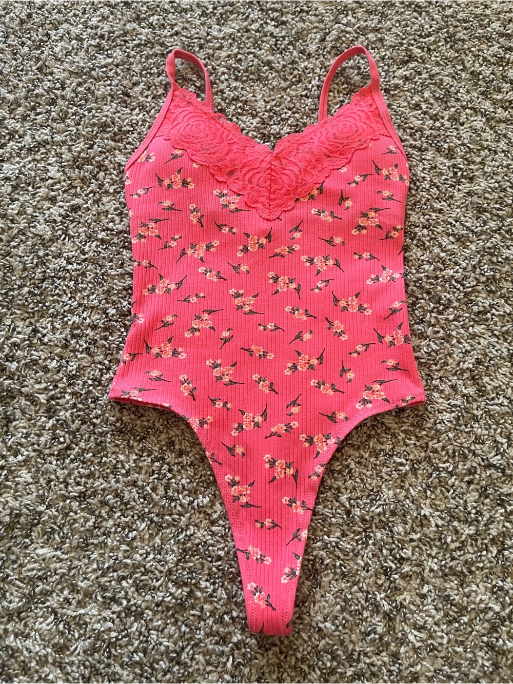 NWT Victoria's Secret PINK Floral Lace Trim Ribbed Bodysuit Cami Top XS Coral - Picture 1 of 15
